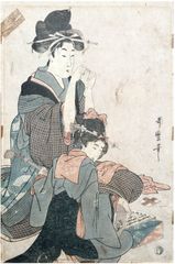 Woman Threading Needle and Girl Playing Music by Utamaro