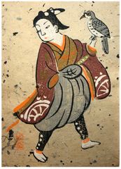 Woman with Falcon Otsu-e by Takahashi Shozan