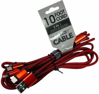 3 in 1 Phone Charger10 Feet, 6/bx