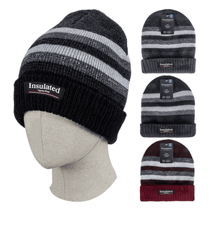 Insulated Winter Knit Hat Men Stripes Light w/ Faux Fur Lining 12/bx