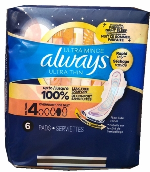 Always Ultra Thin w/Wings Overnight Size-4 6ct, 8/bx