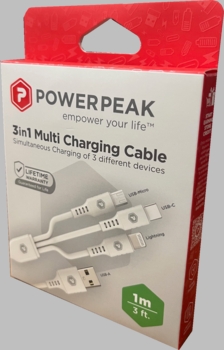 Power Peak 3 in 1 Cable USB Port 3ft 6/bx