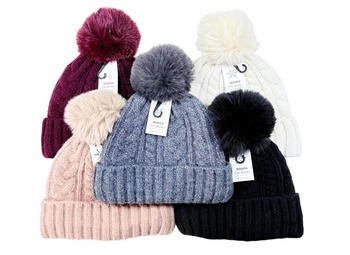 Unisex Cable Knit Hat w/ Single PomPom 12/bx