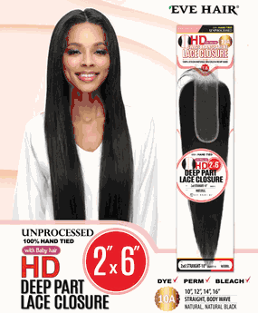 EVE HAIR Unprocessed 100% HAND TIED 2"x6" HD SWISS TRANSPARENT DEEP PART LACE CLOSURE