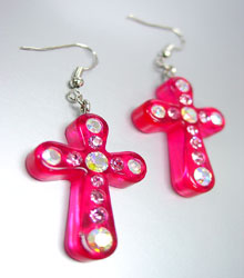 Pink Lucite Crystals Cross Earrings