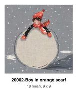 LITTLE BOY WITH ORANGE SCARF ON SNOWBALL by Patti Mann
