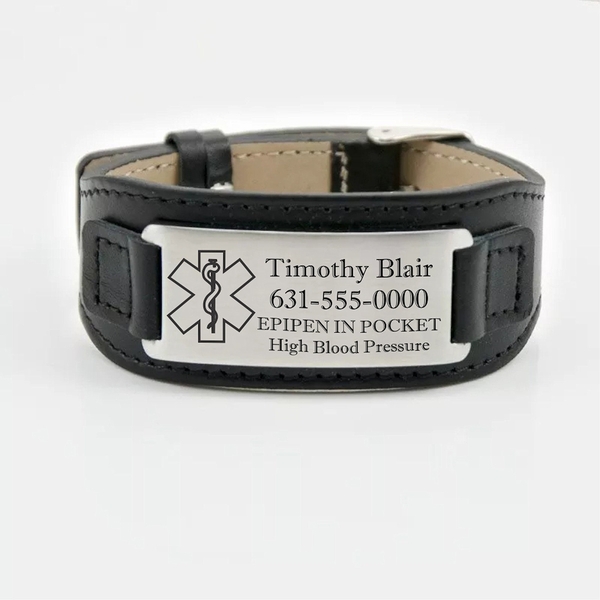 Black Leather Medical Emergency ID Bracelet > Engraved Medical ID Bracelets