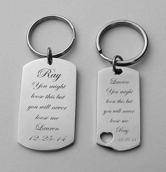 His & Hers Dog Tag Keychain Set > Engraved Keychains