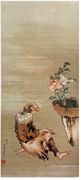 A Seated Man Looking at Potted Peonies