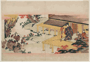 Nobleman Watching Servant Throw Bundles of Brush into a Waterfall