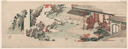 Nobleman Watching Servant Throw Bundles of Brush into a Waterfall