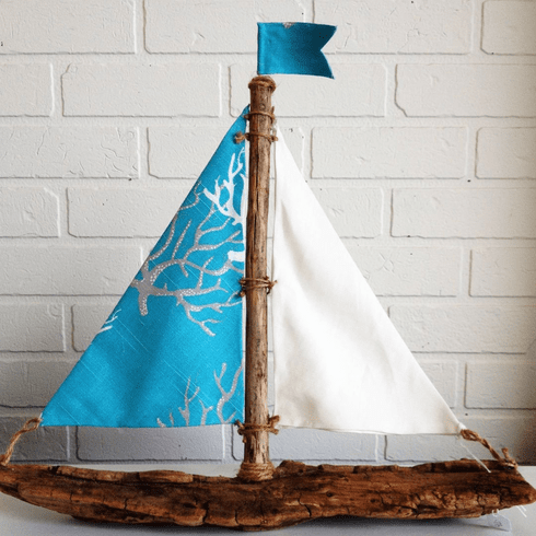 Driftwood Sailboat Aqua Coral