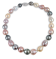 12-15mm Multicolor Tahitian and Freshwater Cultured Pearl Necklace AA+ Quality with a Stylish Sterling Silver Clasp, 18"