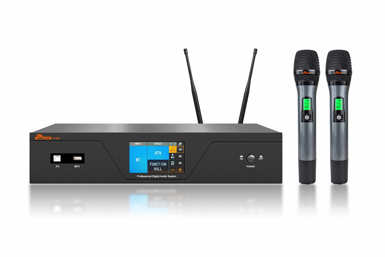 IDOlpro IP-300 7000W Touch Screen Monitor Professional Digital Amplifier Equipped With Dual Wireless Microphones, DSP Sound Professor, Optical/HDMI/Bluetooth/Sub Output   