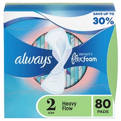 Always, Infinity FlexFoam Heavy Flow Pads with Flexi-Wings, Unscented, Size 2, 80 ct