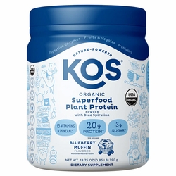 KOS, Organic Superfood Plant Protein Powder with Blue Spirulina - Blueberry Muffin, 13.75 oz (10 Servings) KOS, Organic Superfood Plant Protein Powder with Blue Spirulina - Blueberry Muffin, 13.75 oz (10 Servings)