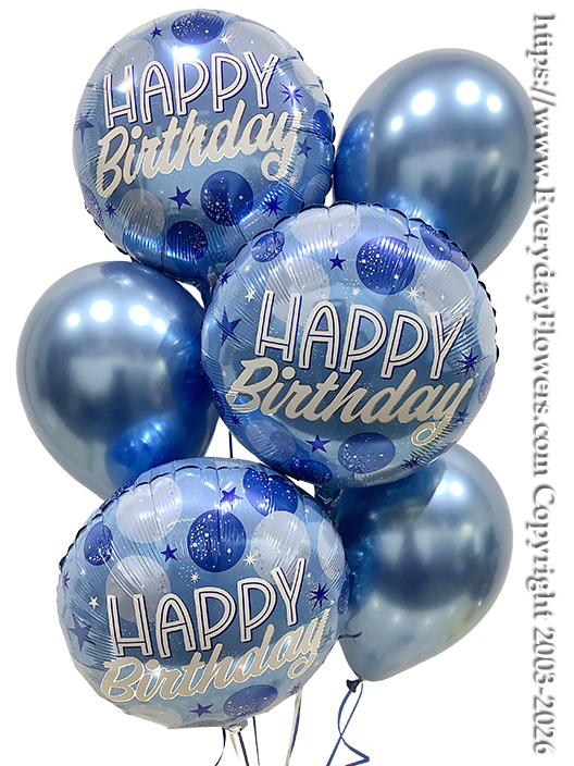 Birthday Blue Sparkle Dots balloon bouquet with blue birthday balloons and coordinating latex balloons