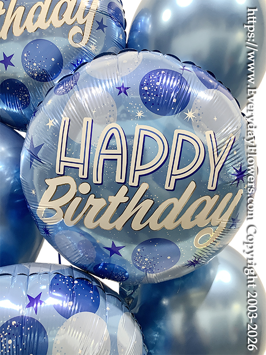 Close-up view of the Birthday Blue Sparkle Dots balloon bouquet