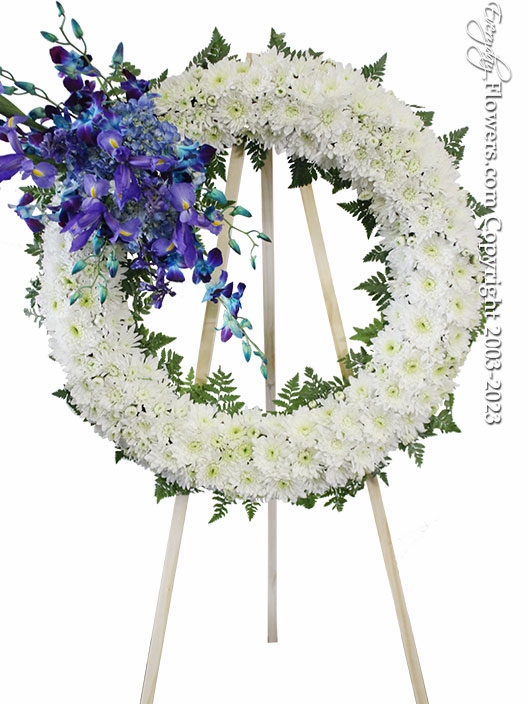 Blue & White Funeral Flower Wreath by Everyday Flowers