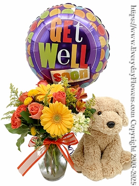 Bright Get Well Bouquet With Balloon & Stuffed Animal