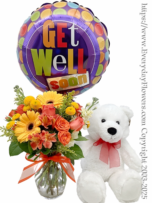 Bright Get Well Bouquet With Balloon & Stuffed Animal