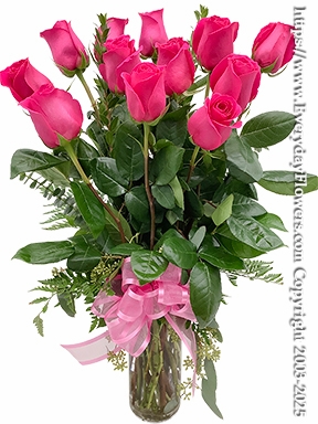 Dozen Hot Pink Valentines Roses Long Stem With Vase