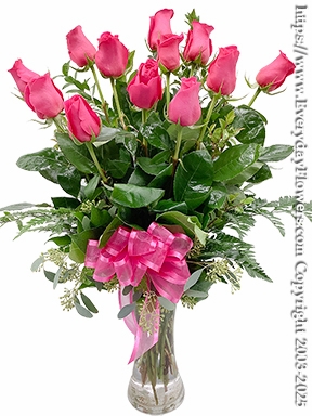 Dozen Hot Pink Valentines Roses Long Stem With Vase