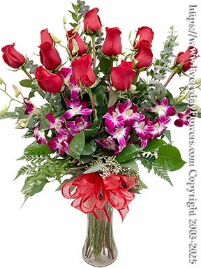 Dozen Long Stem Red Roses With Orchids
