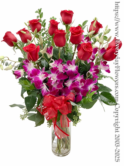Dozen Long Stem Red Roses With Orchids