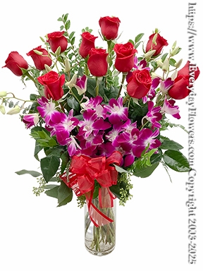 Dozen Long Stem Red Roses With Orchids