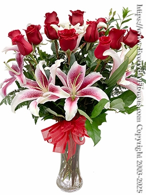 Dozen Long Stem Red Roses With Stargazer Lilies