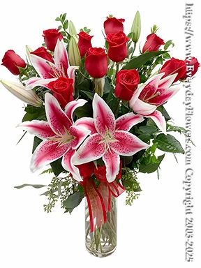 Dozen Long Stem Red Roses With Stargazer Lilies