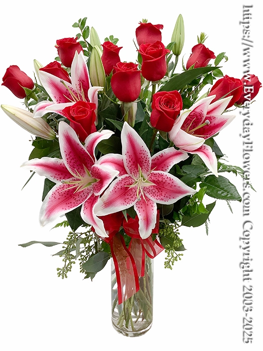 Dozen Long Stem Red Roses With Stargazer Lilies
