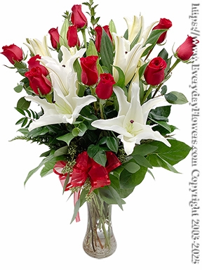 Dozen Red Roses With White Lilies
