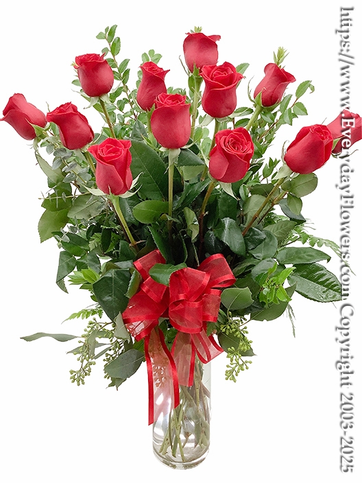 Dozen Red Valentines Roses Long Stem With Vase