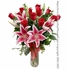 Dozen Red Valentines Roses & Stargazer Lilies Long Stem With Vase