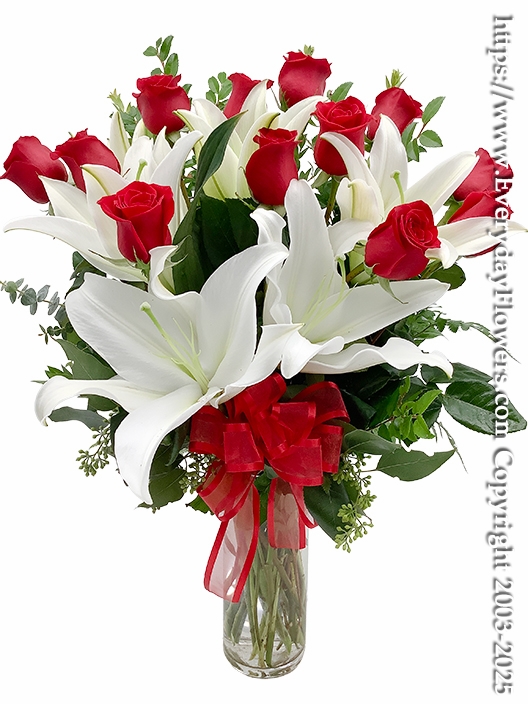 Dozen Red Valentines Roses & White Lilies Long Stem With Vase