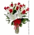 Dozen Red Valentines Roses & White Lilies Long Stem With Vase