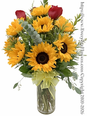 Dozen Sunflowers With Red Roses