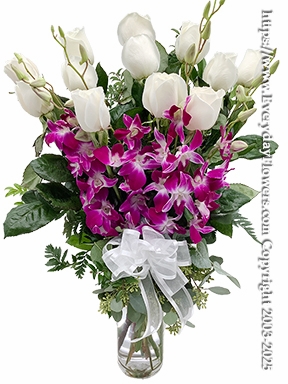 Dozen White Roses With Orchids