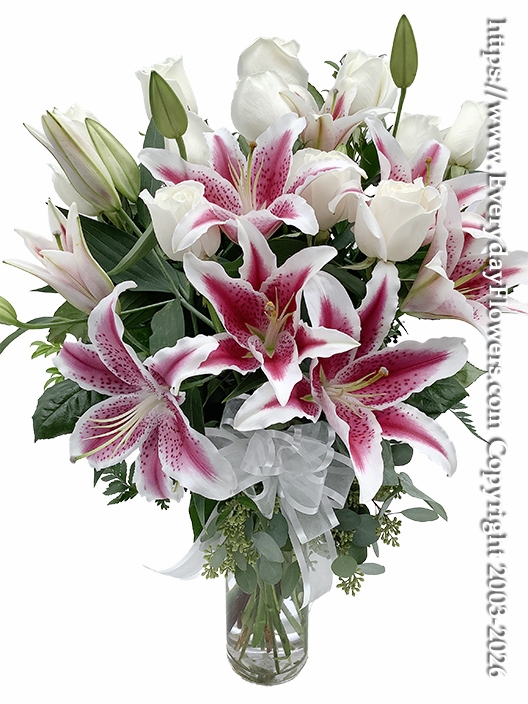 Dozen White Roses With Stargazer Lilies