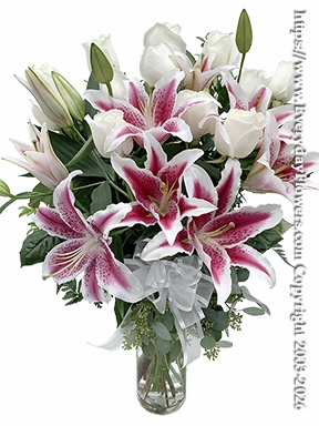 Dozen White Roses With Stargazer Lilies