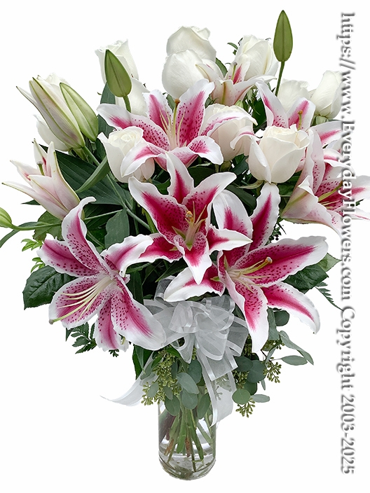 Dozen White Roses With Stargazer Lilies