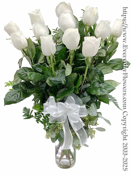 Dozen White Valentines Roses Long Stem With Vase