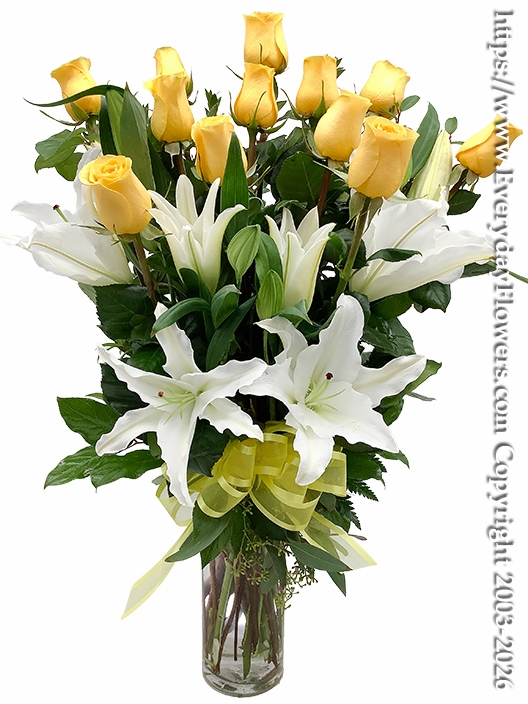 Dozen Yellow Roses With White Lilies