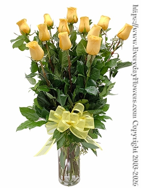 Dozen Yellow Valentines Roses Long Stem With Vase