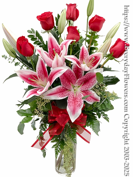 Half Dozen Red Valentines Roses & Stargazer Lilies Long Stem With Vase