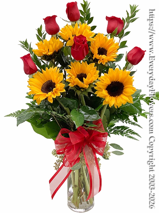 Half Dozen Red Valentines Roses & Sunflowers With Vase