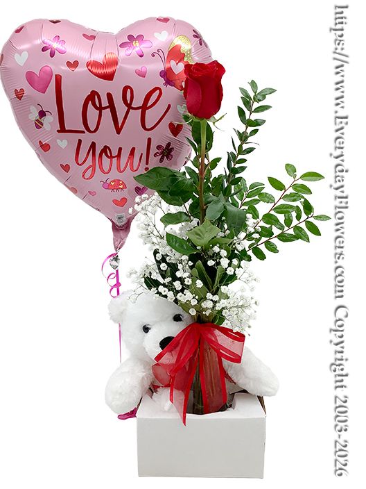 I love you balloon with bear & single rose Valentine's Day Delivery
