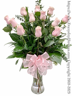 Dozen Light Pink Valentines Roses Long Stem With Vase